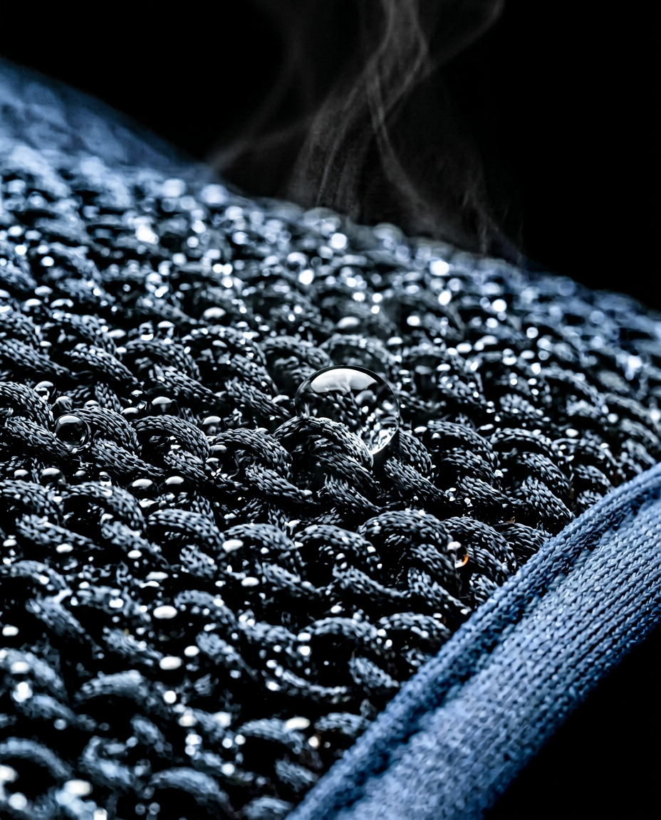 Macro of textured evaporative cooling fabric with water droplets and rising vapor