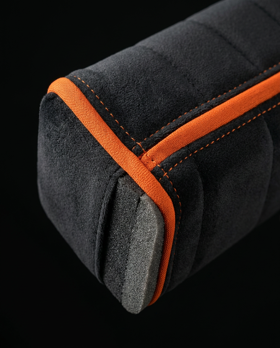 Macro of black velvet fabric with orange piping and contrast stitching on the wedge