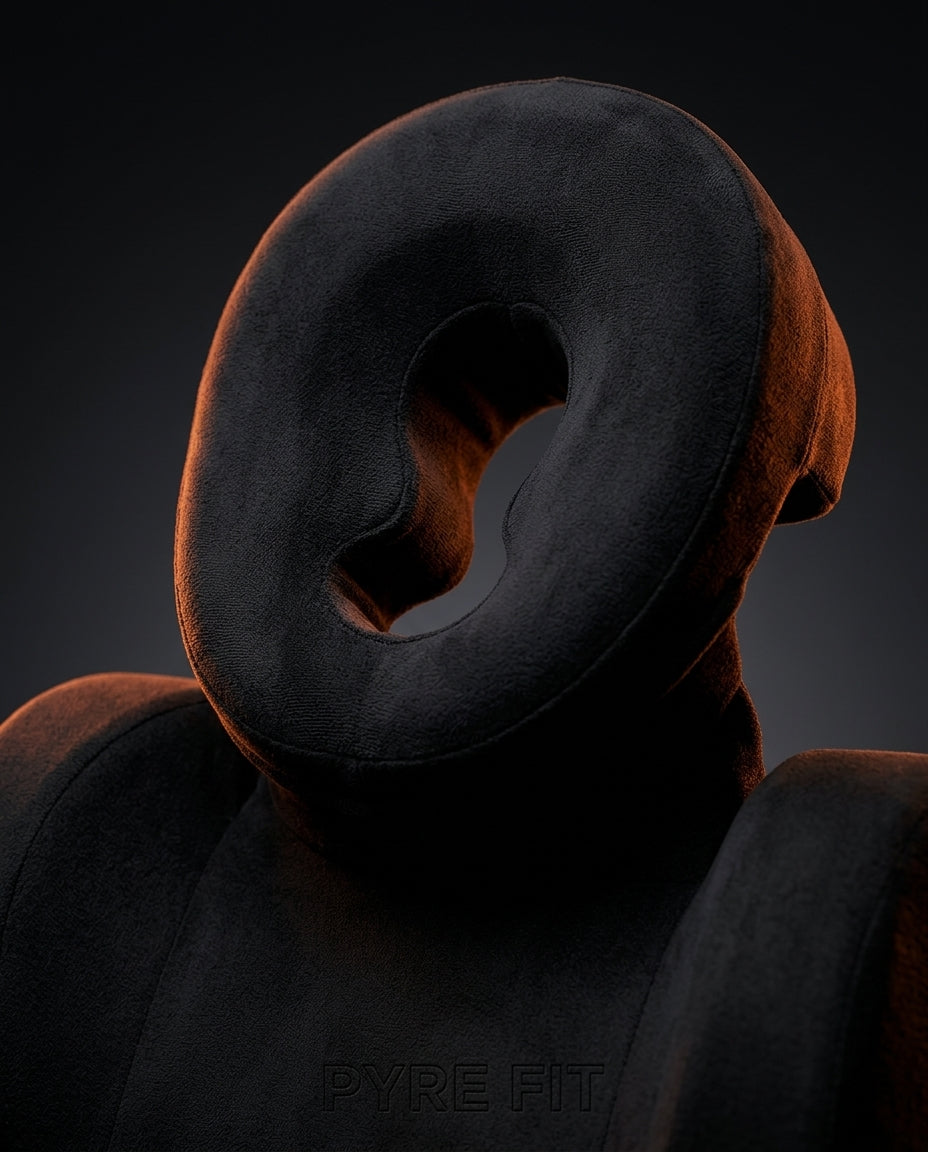 Macro of the breathing-hole face cradle on the black face-down comfort pillow