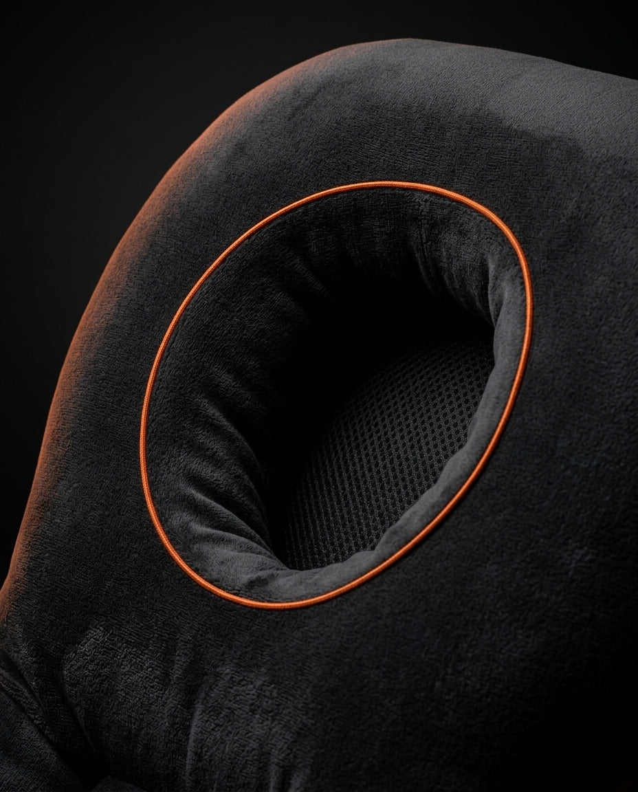 Macro of the breathable face cradle opening with orange piping and mesh base
