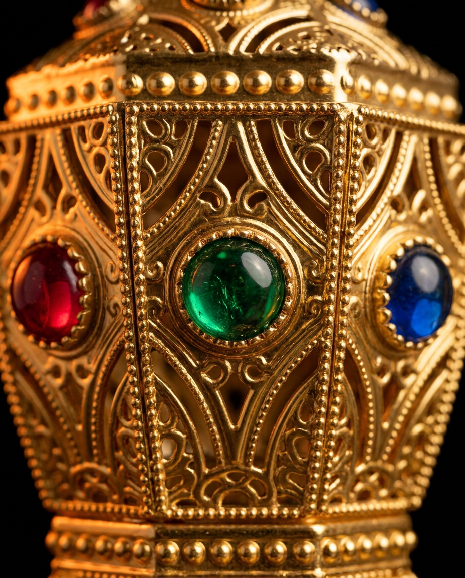 Macro of gold filigree body set with red and green jeweled gems
