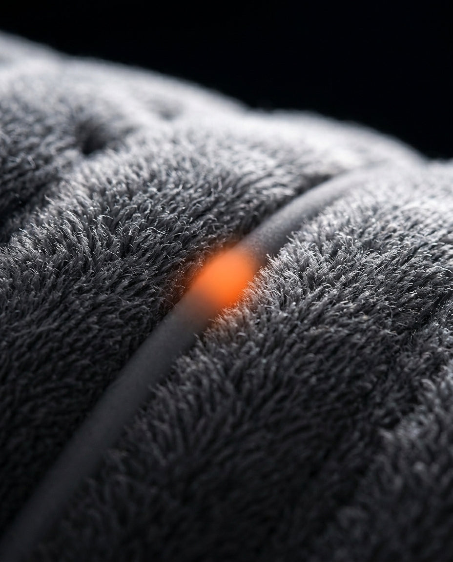 Macro of the plush grey fleece surface of the electric heating pad