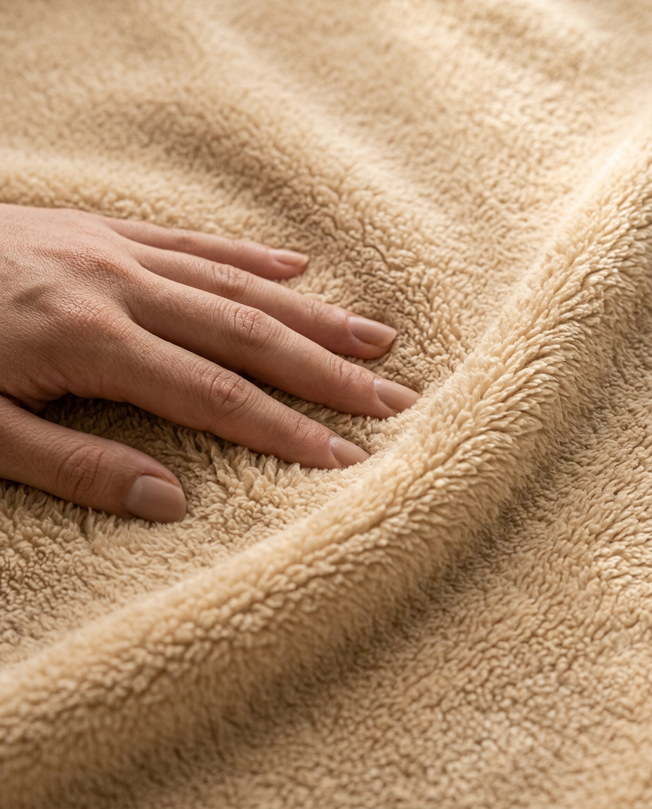 Hand pressing into the soft tan fleece of the blanket, macro texture