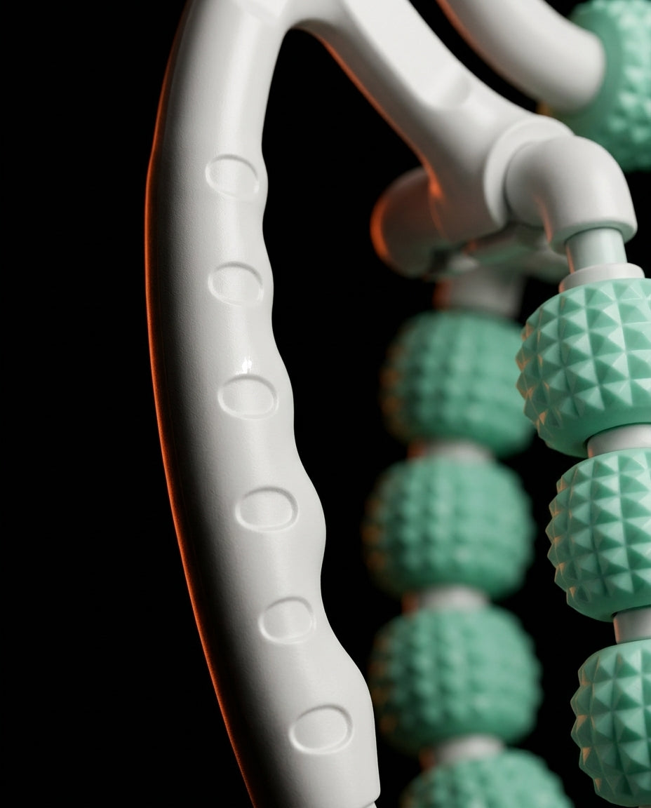 Close-up of the white ergonomic grip frame and green roller balls