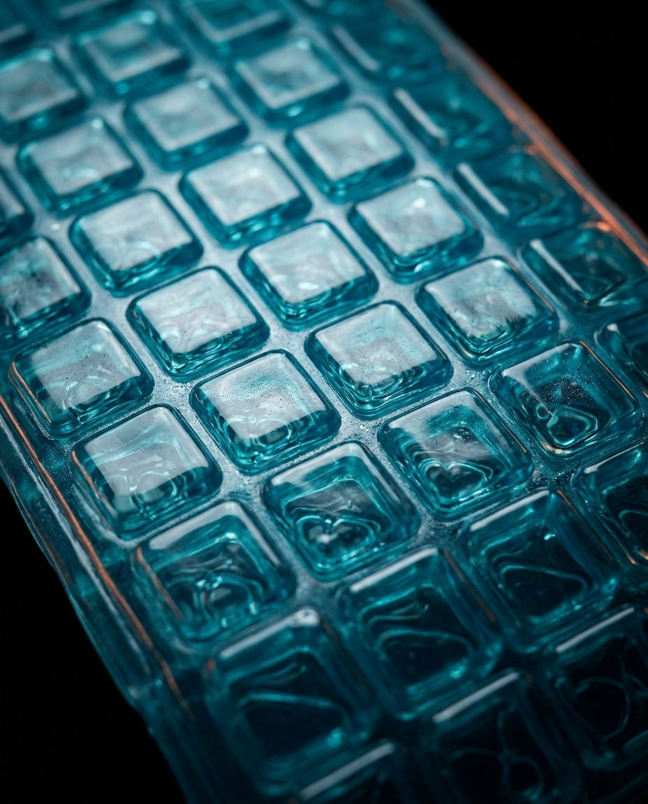 Macro of the blue cooling gel grid cells on the pillow pad