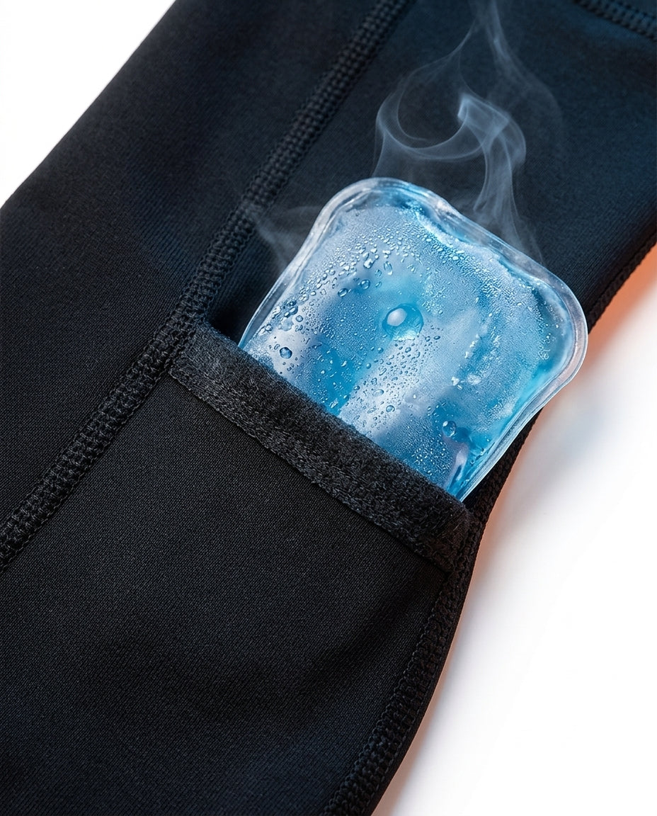 Macro of the chilled blue gel insert sliding into the ankle sleeve pocket