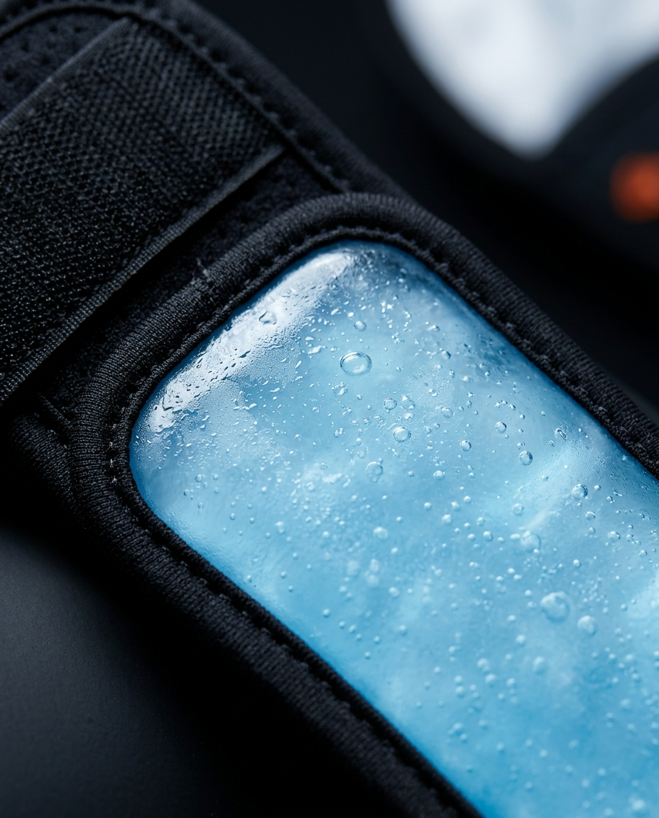 Macro of the wrap's blue gel pocket with frozen condensation droplets