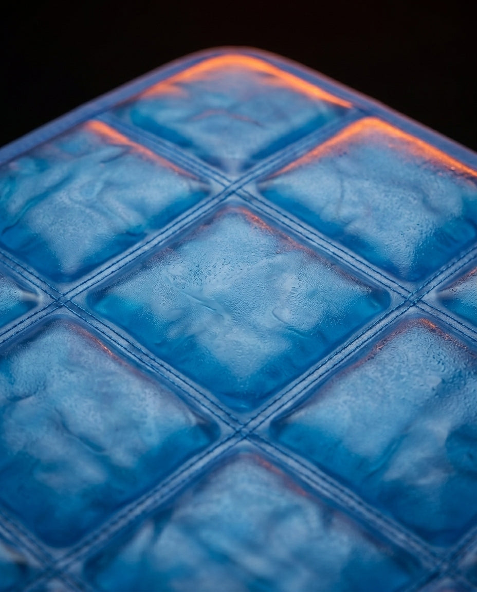 Macro of the blue cooling gel's quilted grid pockets and texture