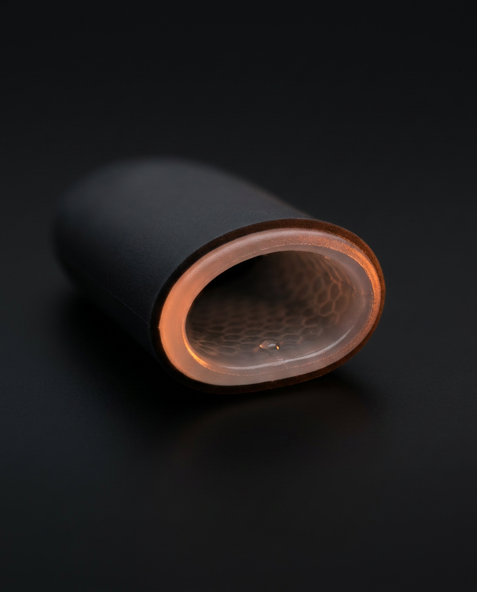 Macro of a black gel finger sleeve opening showing cushioned interior