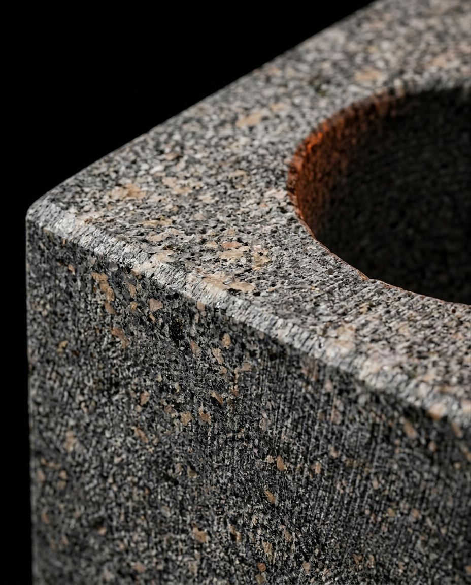 Macro of the speckled natural granite texture on the cube oil holder