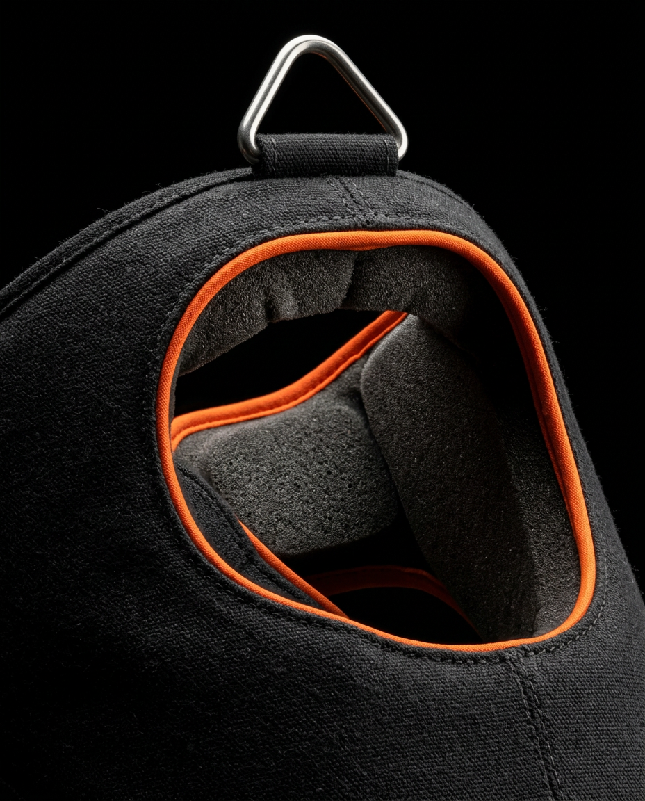 Macro of the padded black halter with orange-trimmed chin and neck support
