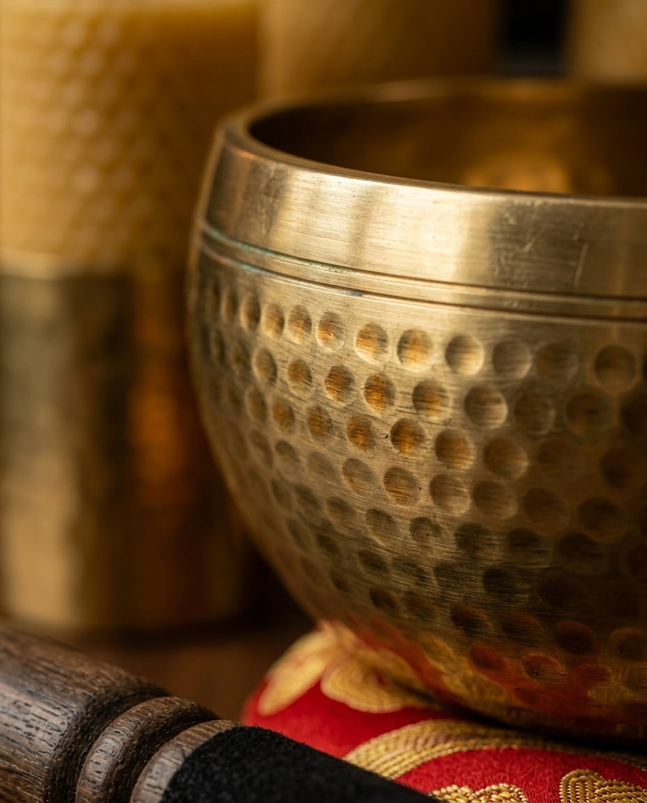 Macro of the hand-hammered dimpled brass surface of the singing bowl