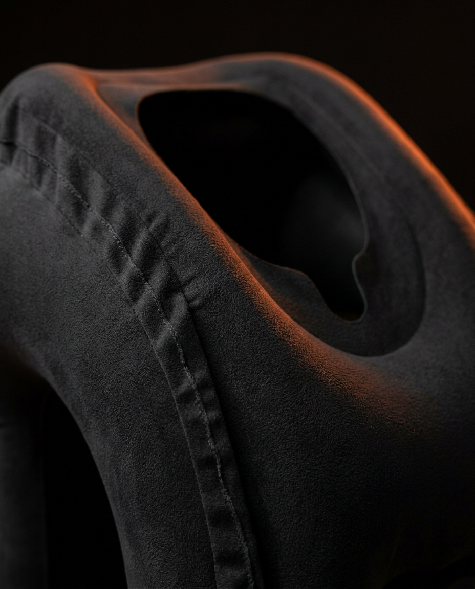 Macro of the sculpted head-cradle aperture on the inflatable travel pillow