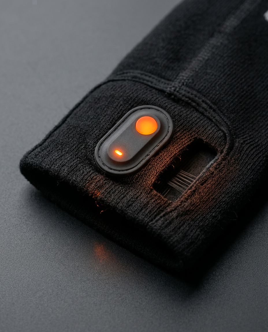 Macro of the heated sock's power button and glowing toe heating element