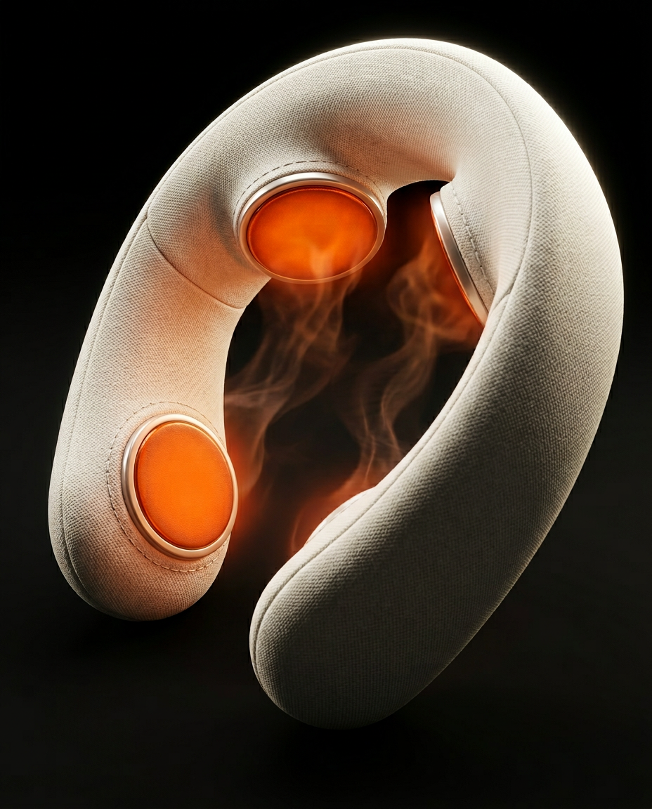Macro of glowing orange heating pads on neck massager with heat haze