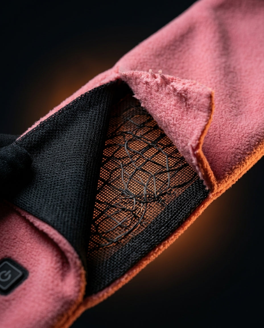 Macro of the carbon-fiber heating panel inside the pink fleece scarf