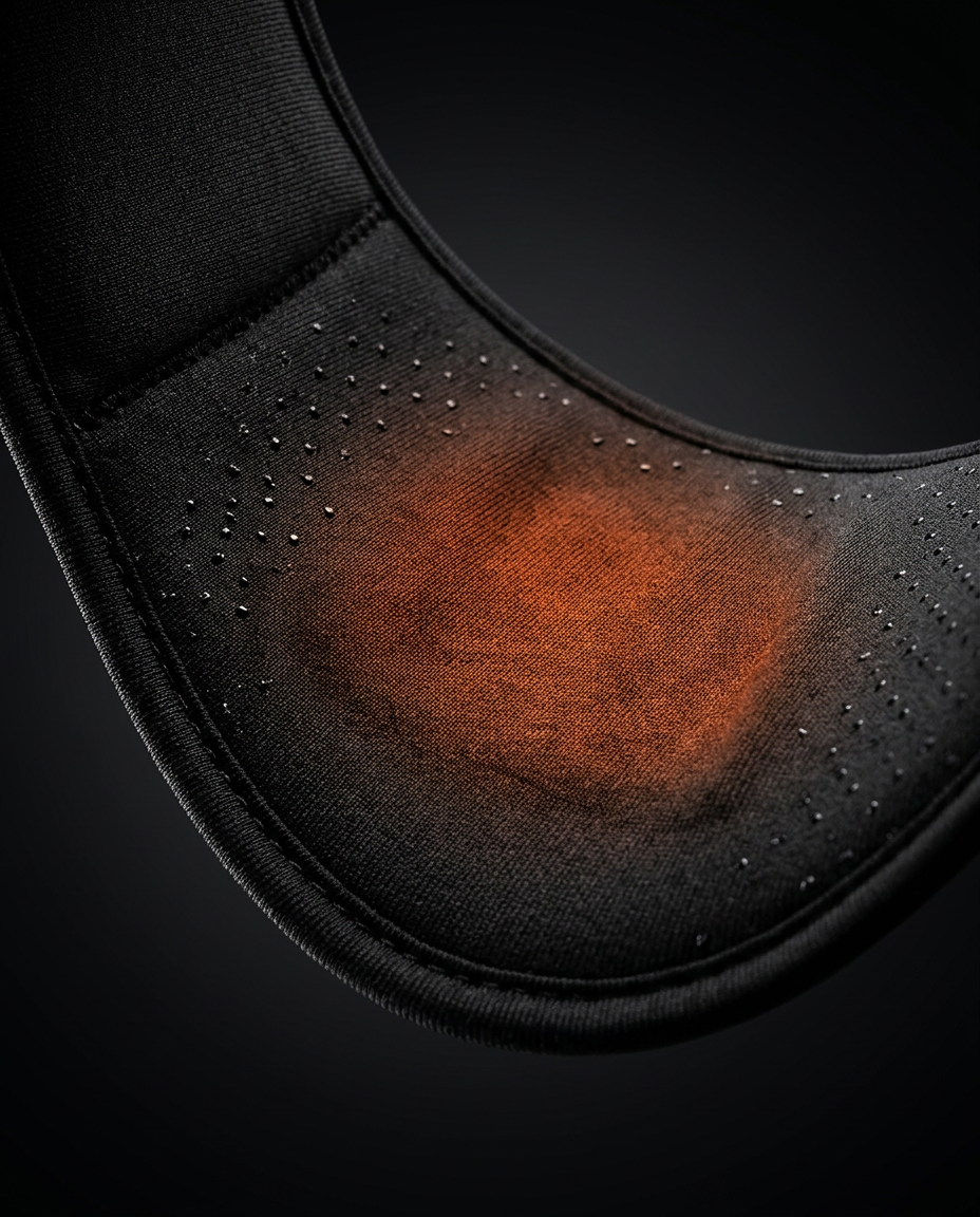 Macro of the interior heating panel glowing warm orange inside the neck wrap