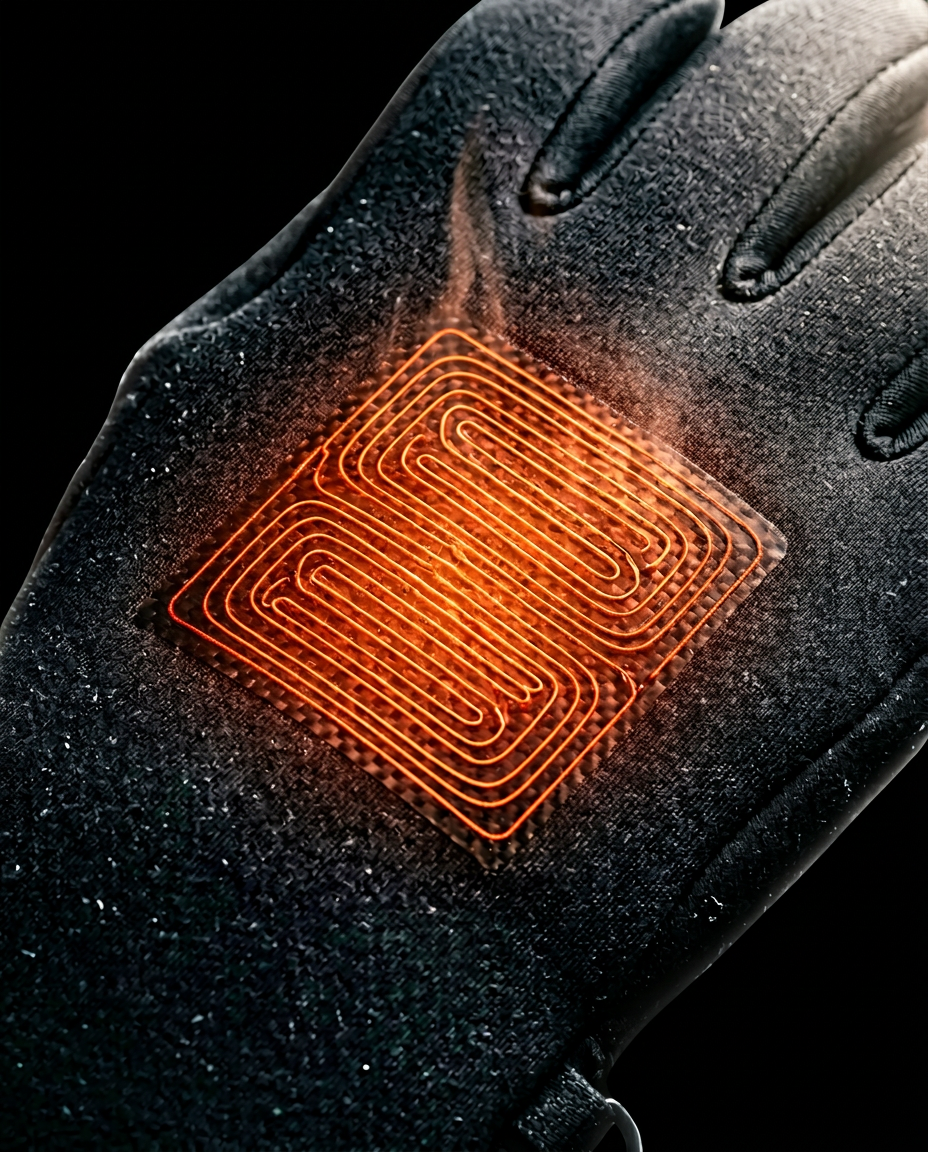 Macro of the glowing carbon-fiber heating element inside the heated glove