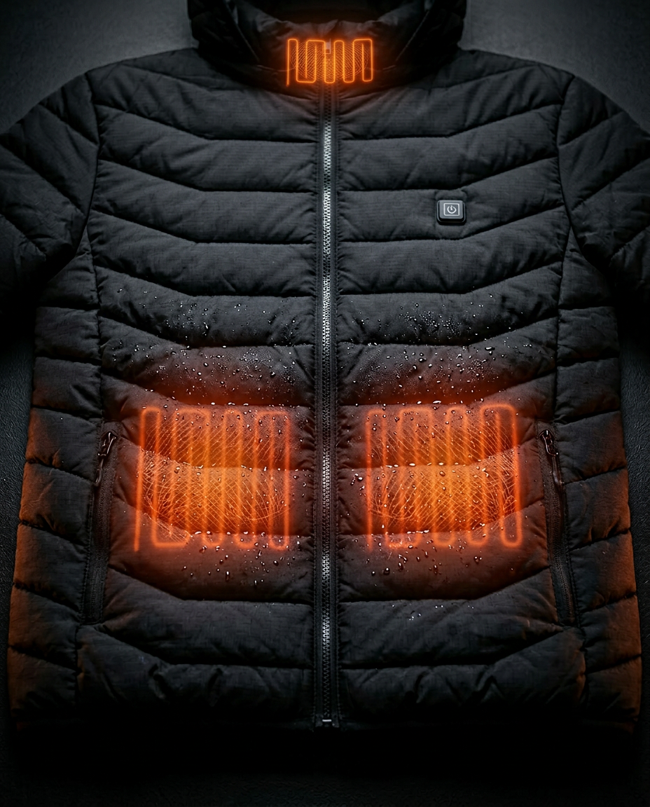 Macro of the jacket's glowing heating elements at chest, back and collar