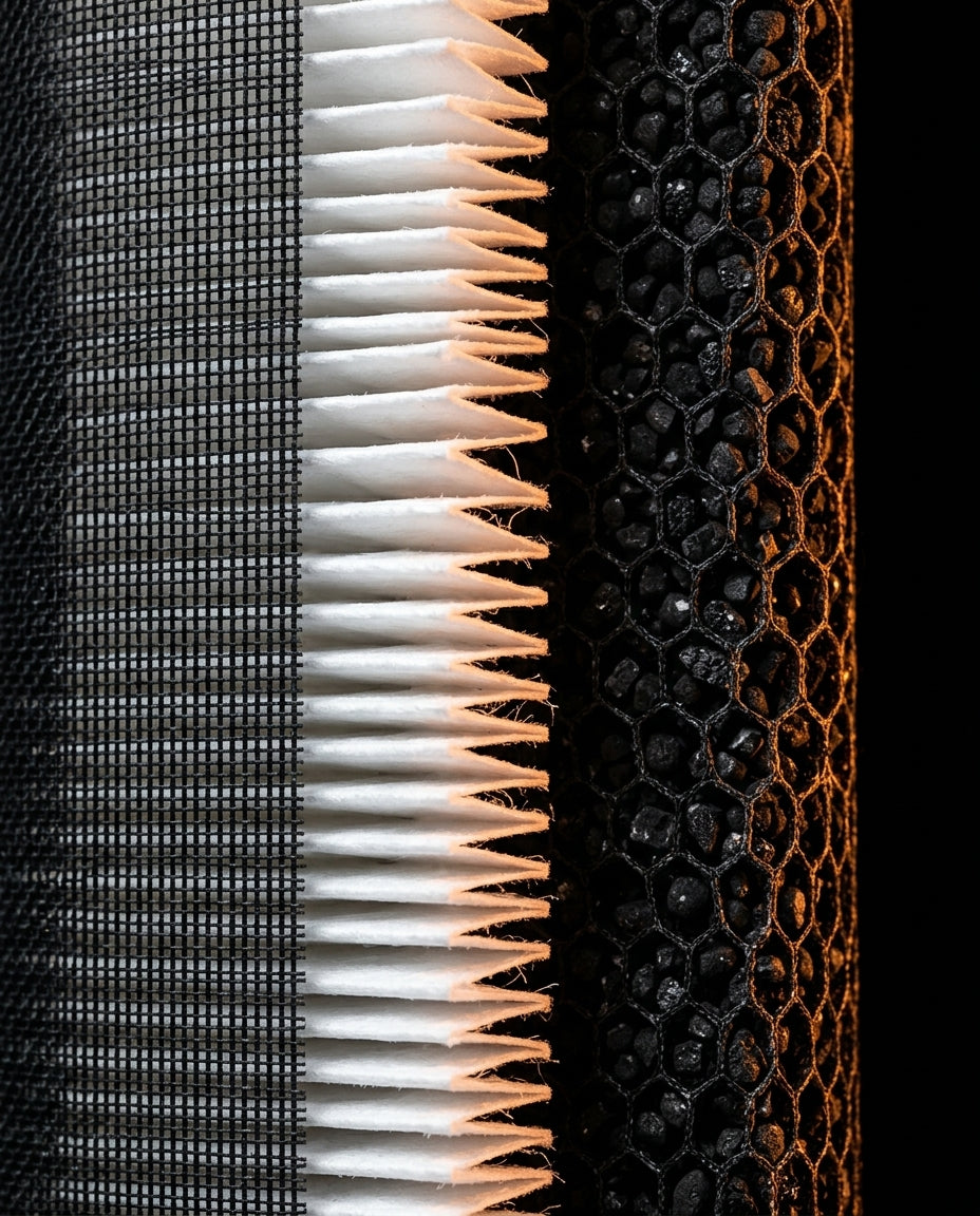 Macro of the layered pre-filter, HEPA pleats and carbon honeycomb