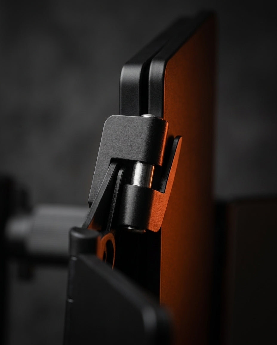 Macro of the black metal folding hinge connecting two mirror panels