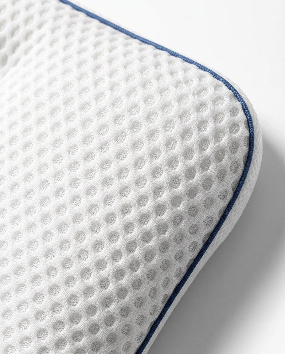 Macro close-up of the breathable honeycomb knit cover of the baby pillow