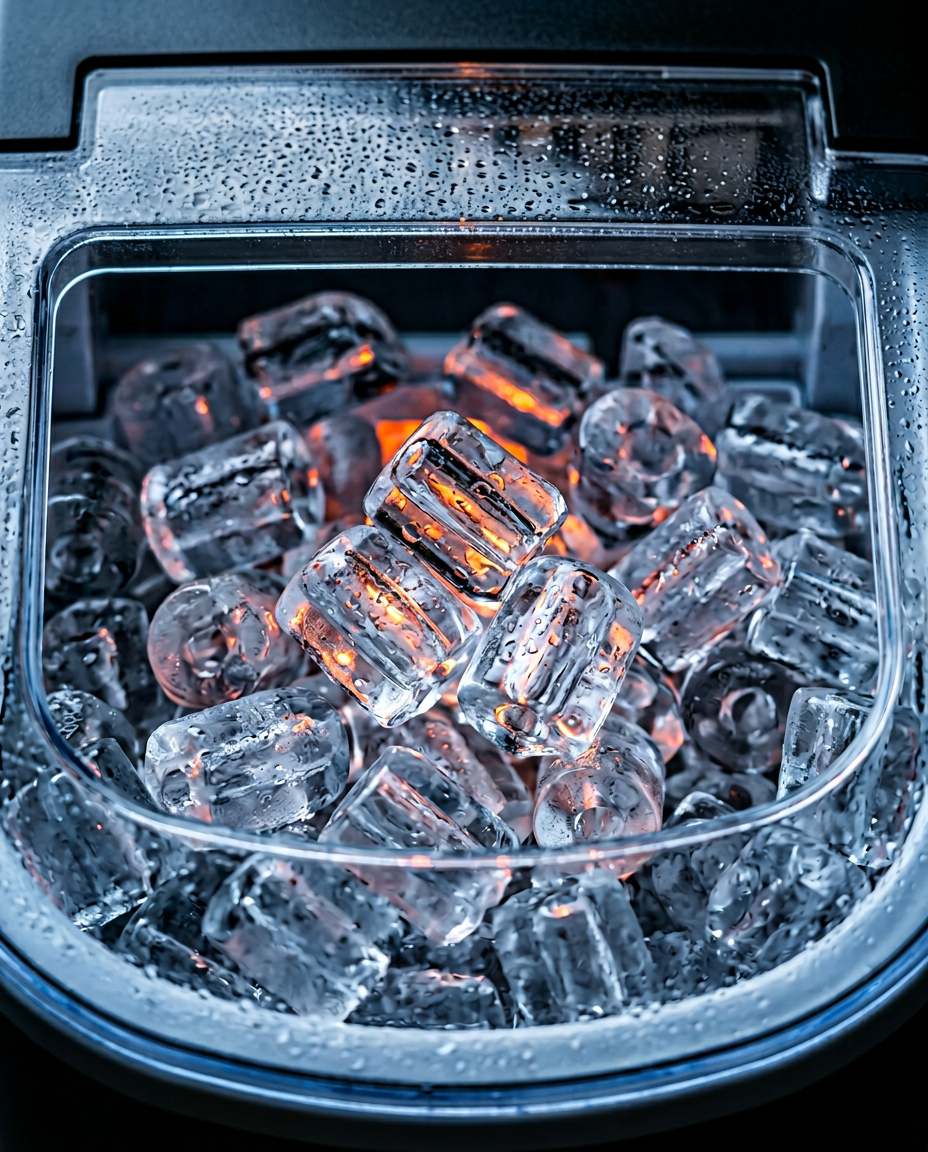 Macro inside the ice maker basket full of fresh clear bullet ice cubes