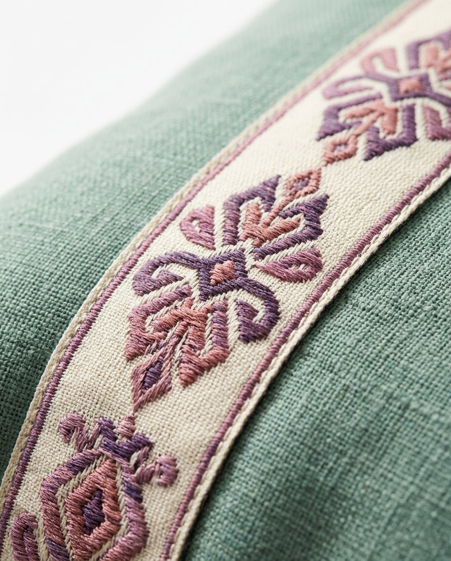 Macro of embroidered ikat trim in purple and rose on sage green linen pillow border