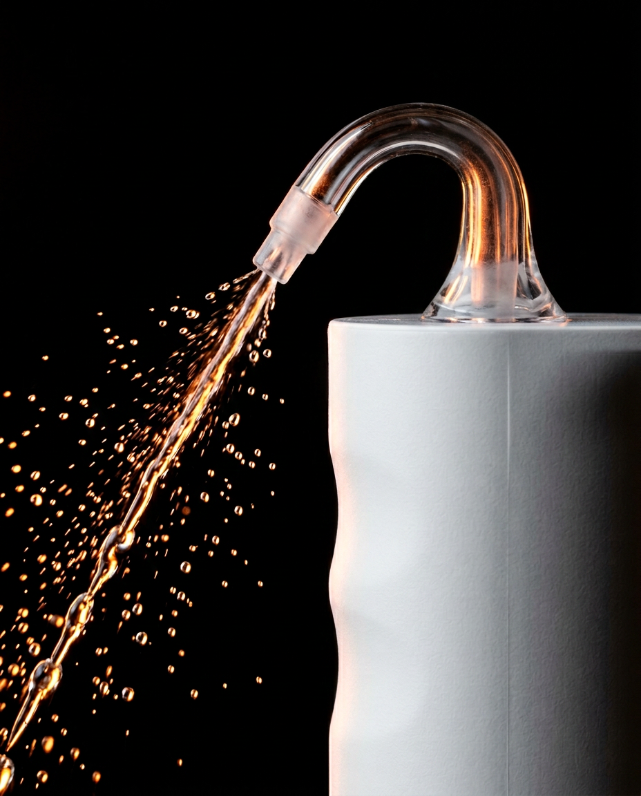 Macro of the pressurized water jet spraying from the flosser nozzle