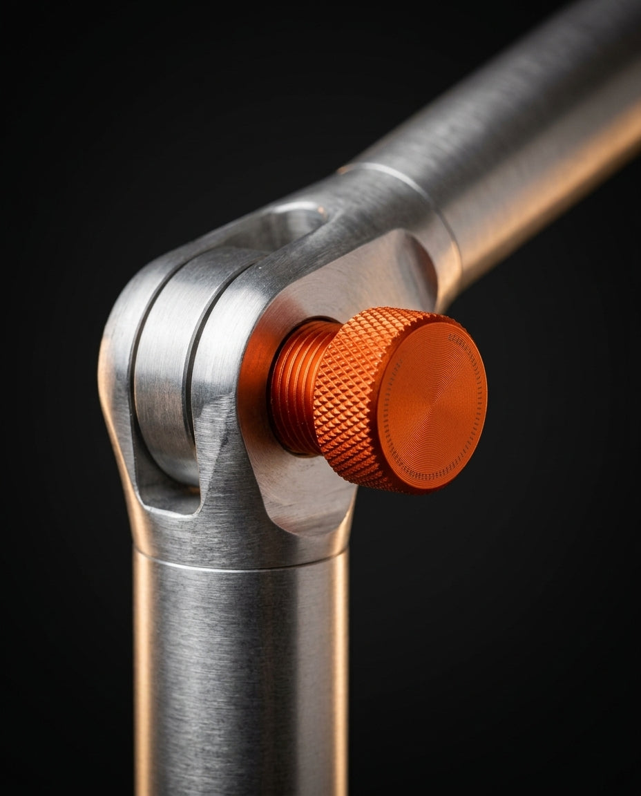 Macro of the tablet stand's adjustable joint with knurled orange knob