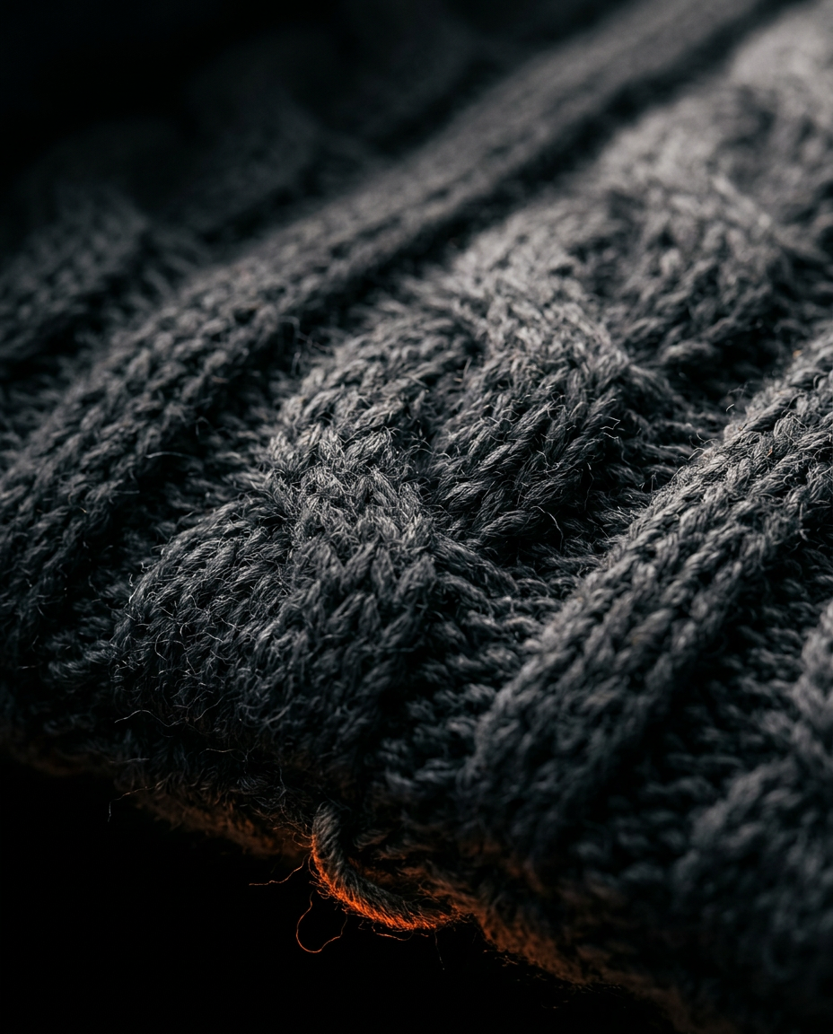 Macro close-up of the charcoal cable-knit wrap fabric with orange accent thread