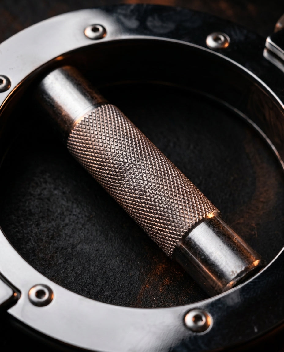 Macro of the knurled steel handle inside the polished ring of the grip trainer