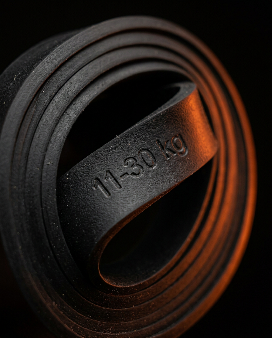 Macro of a coiled black resistance band stamped with its 11 to 30 kg rating