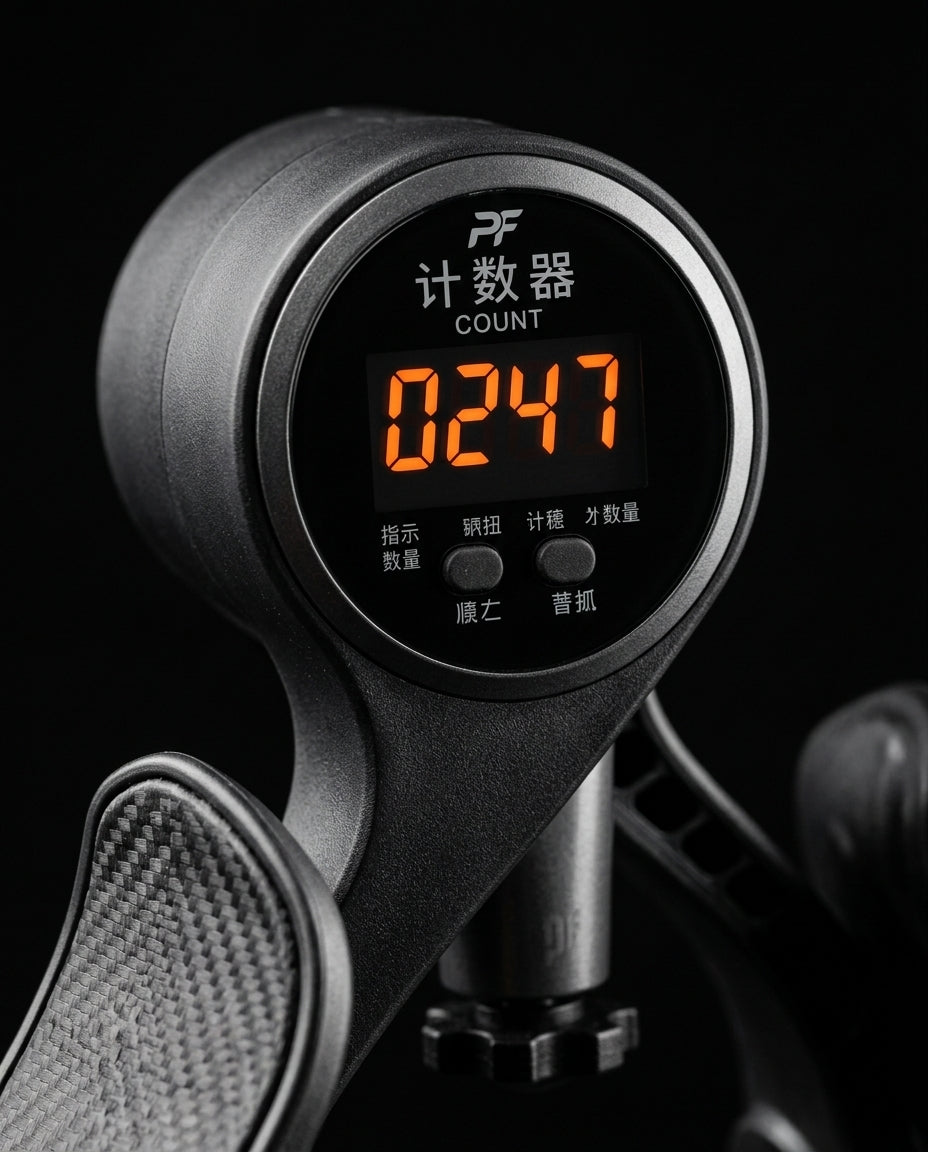 Macro of the hip trainer's LCD rep counter glowing orange at 0247