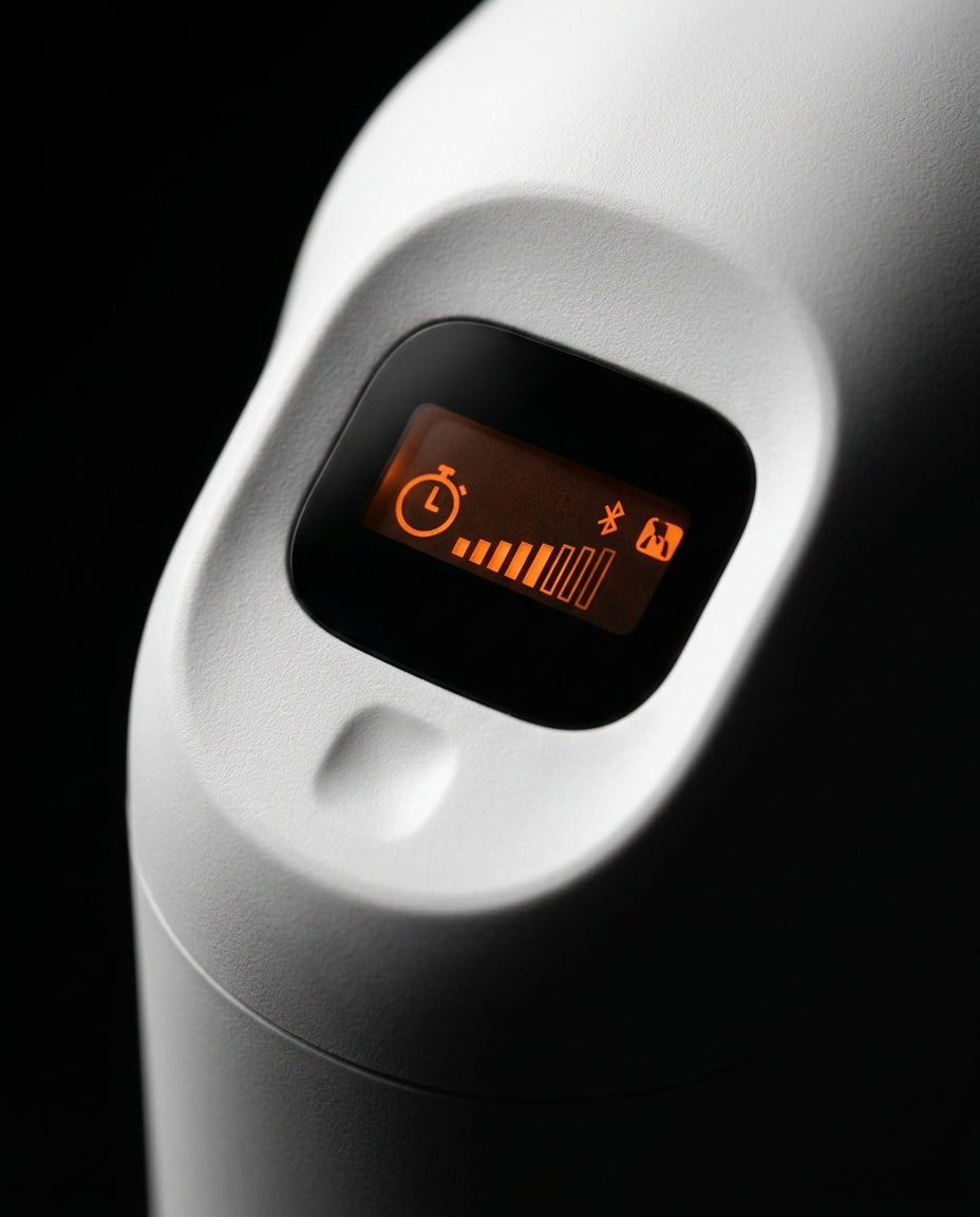 Macro of the diffuser's orange LCD display showing timer and intensity