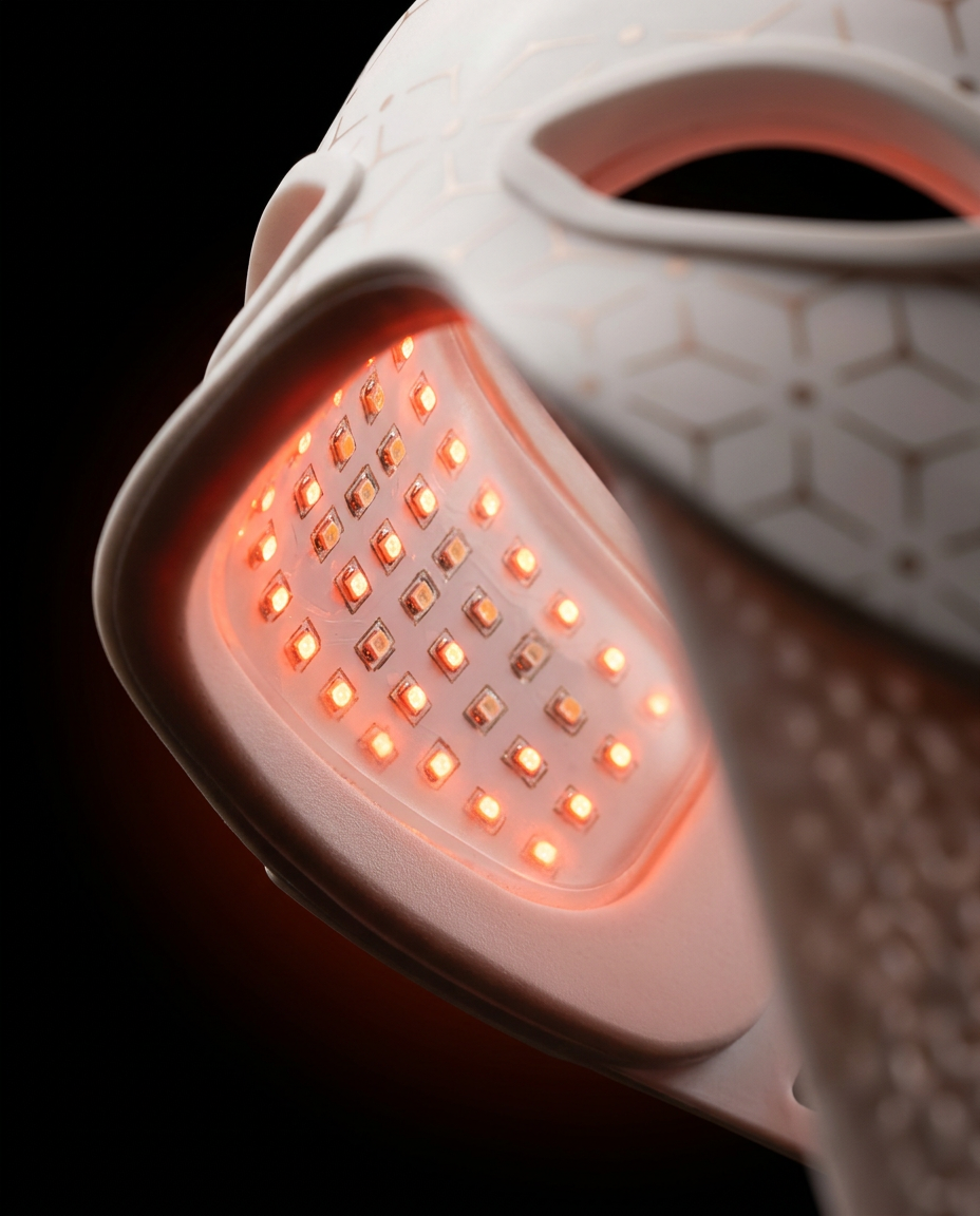 Macro of the red LED array glowing inside the eye mask