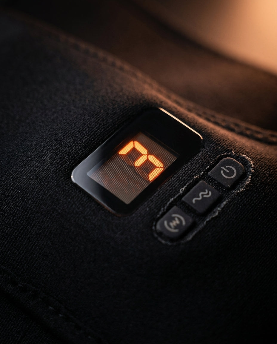 Macro of the waist massager LED controller showing temperature and mode buttons