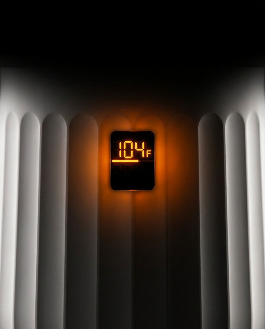 Macro of the towel warmer's glowing LED display reading 104 degrees