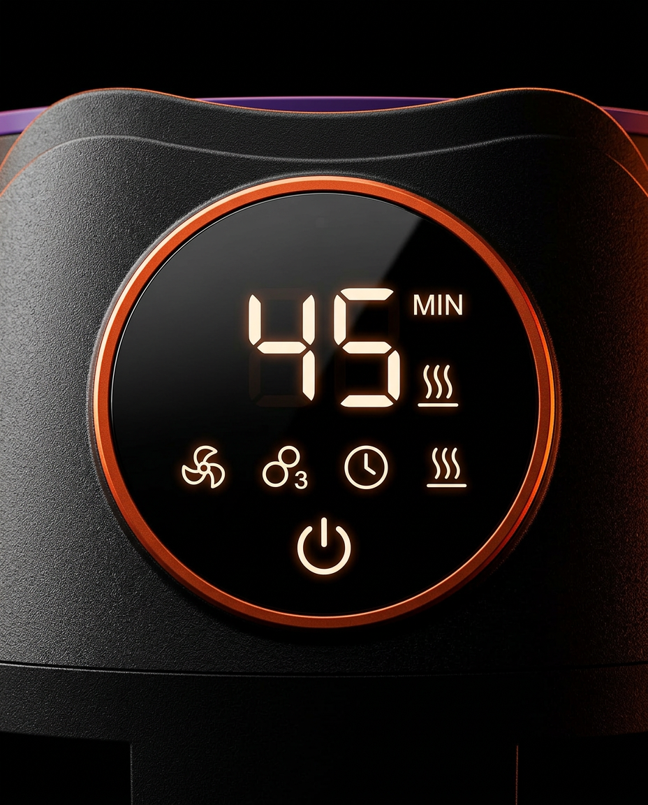 Macro of the shoe dryer's touch display showing 45 minute timer