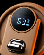 Macro of the mug's LED lid showing 63 degrees and a battery icon