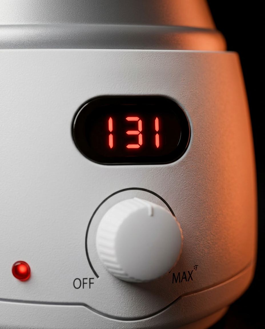 Macro of the red LED temperature readout and dial on the oil warmer
