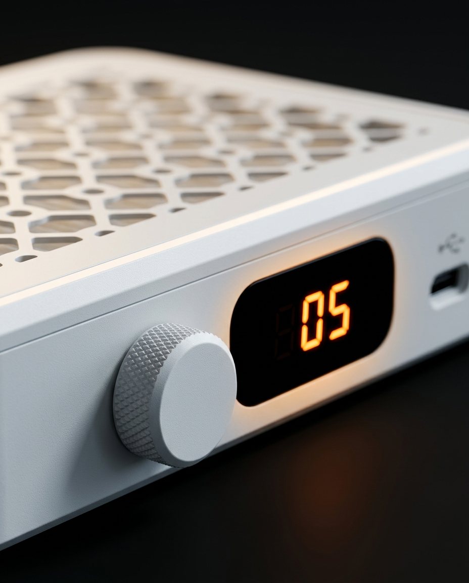 Macro of the LED display, control dial and USB port on the dust collector