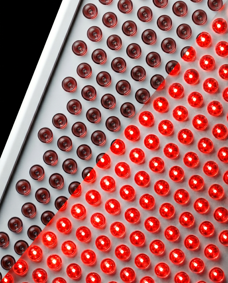Macro of the dense LED bulb grid glowing red on the light massage panel