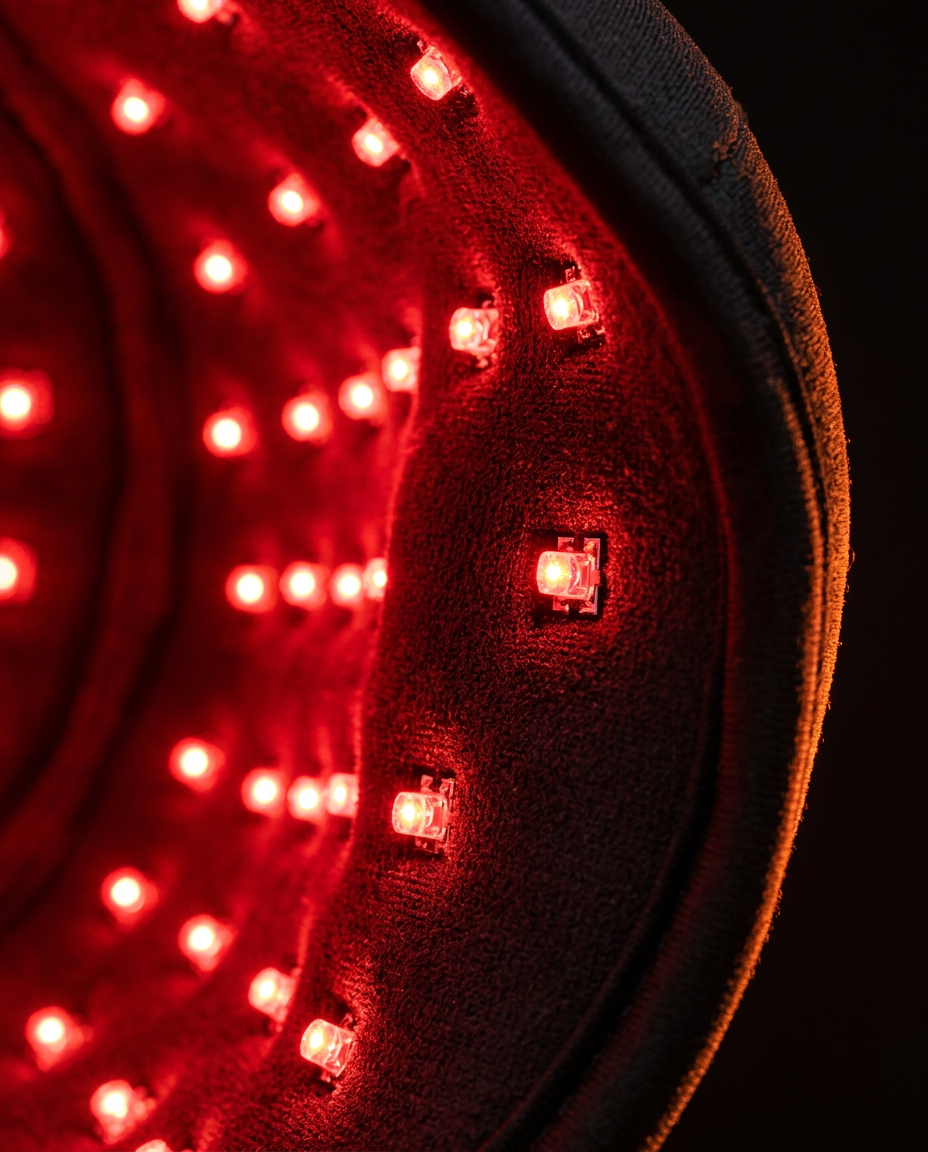 Macro of the glowing red LEDs lining the interior of the hair growth cap