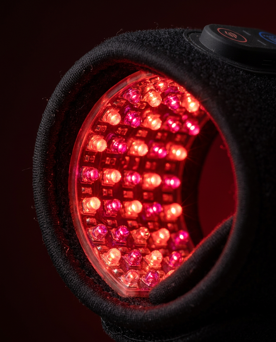 Macro of the red and near-infrared LED panel glowing inside the wrist strap