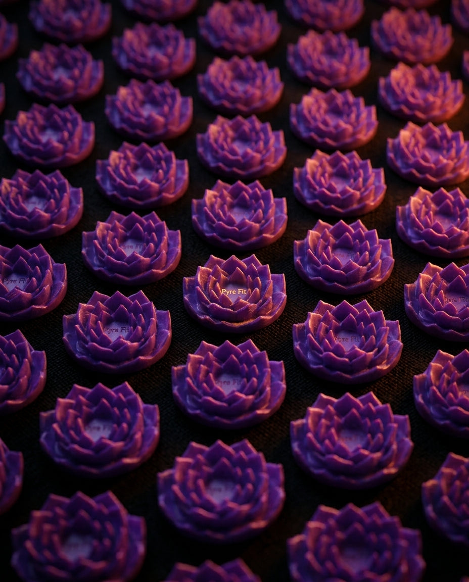 Macro of the purple lotus-shaped spike discs on the acupressure mat
