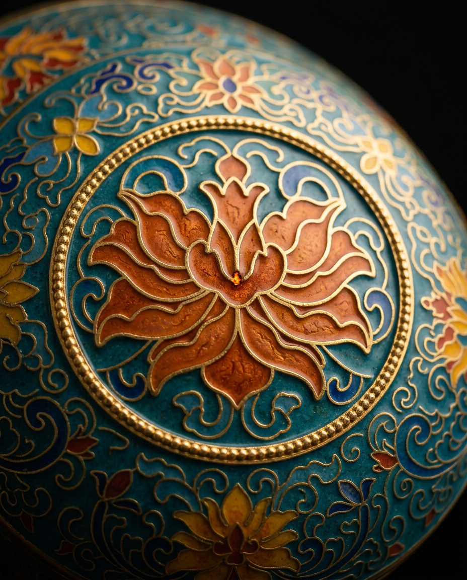 Macro of the enameled orange lotus medallion on the incense burner body