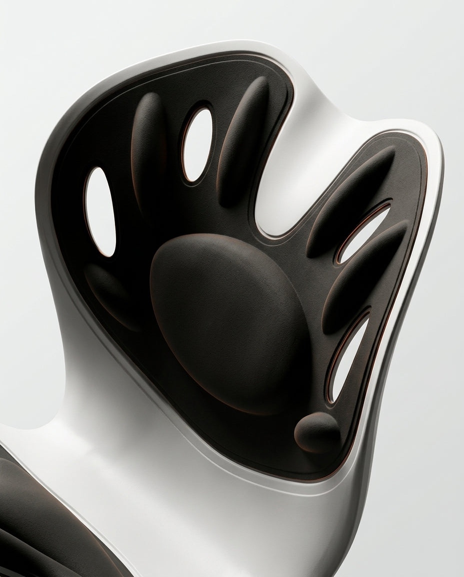Macro of the sculpted lumbar cradle backrest of the posture support seat