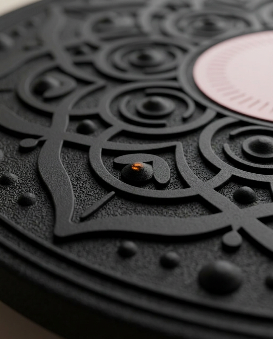 Macro of the raised mandala grip relief on the black balance board