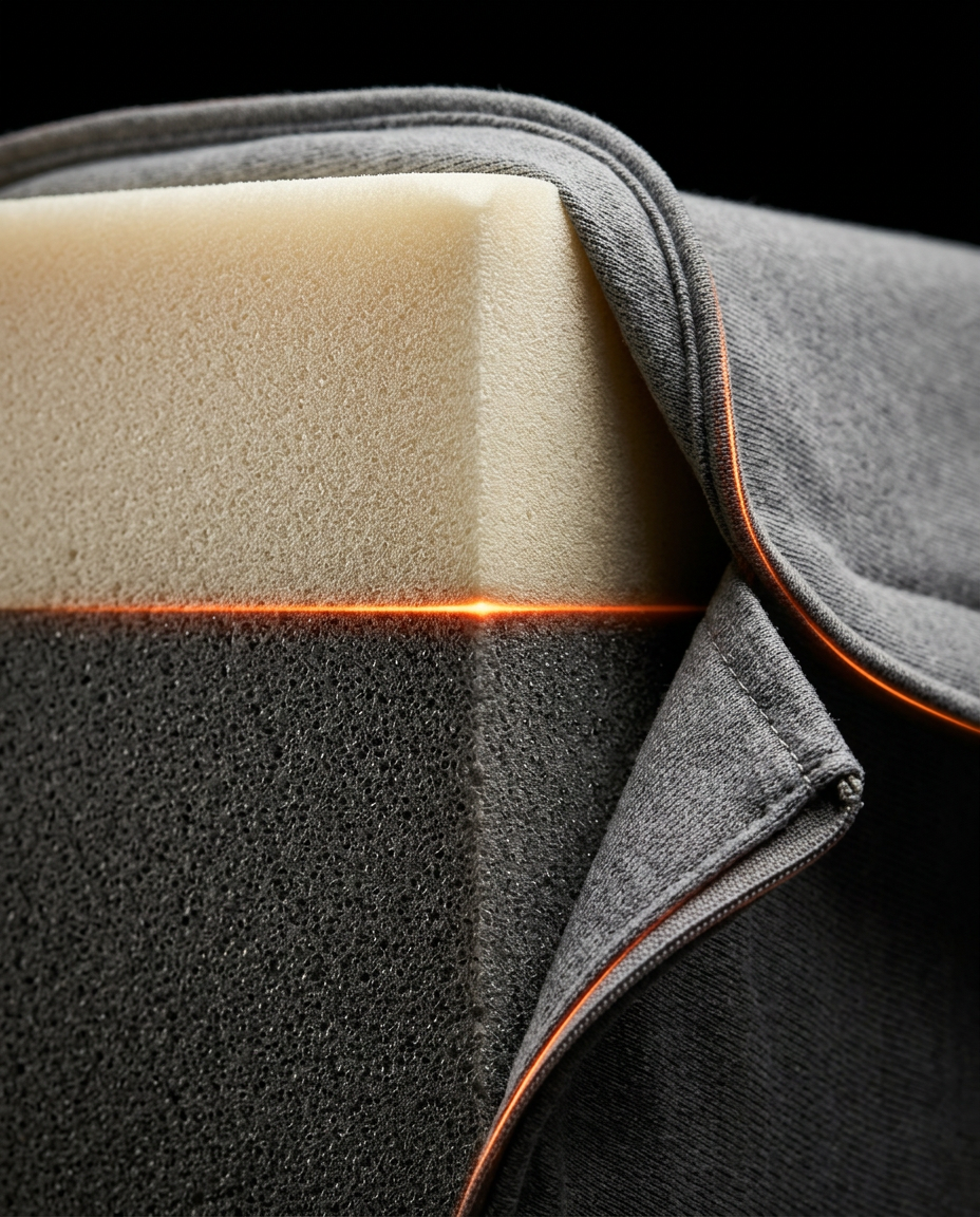 Macro of dual-density foam layers, cream memory foam over dark base with orange piping